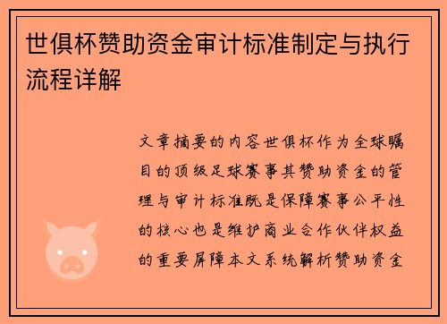 世俱杯赞助资金审计标准制定与执行流程详解