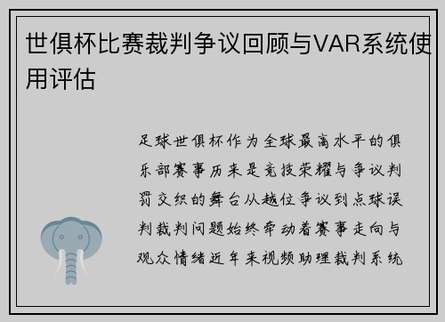 世俱杯比赛裁判争议回顾与VAR系统使用评估